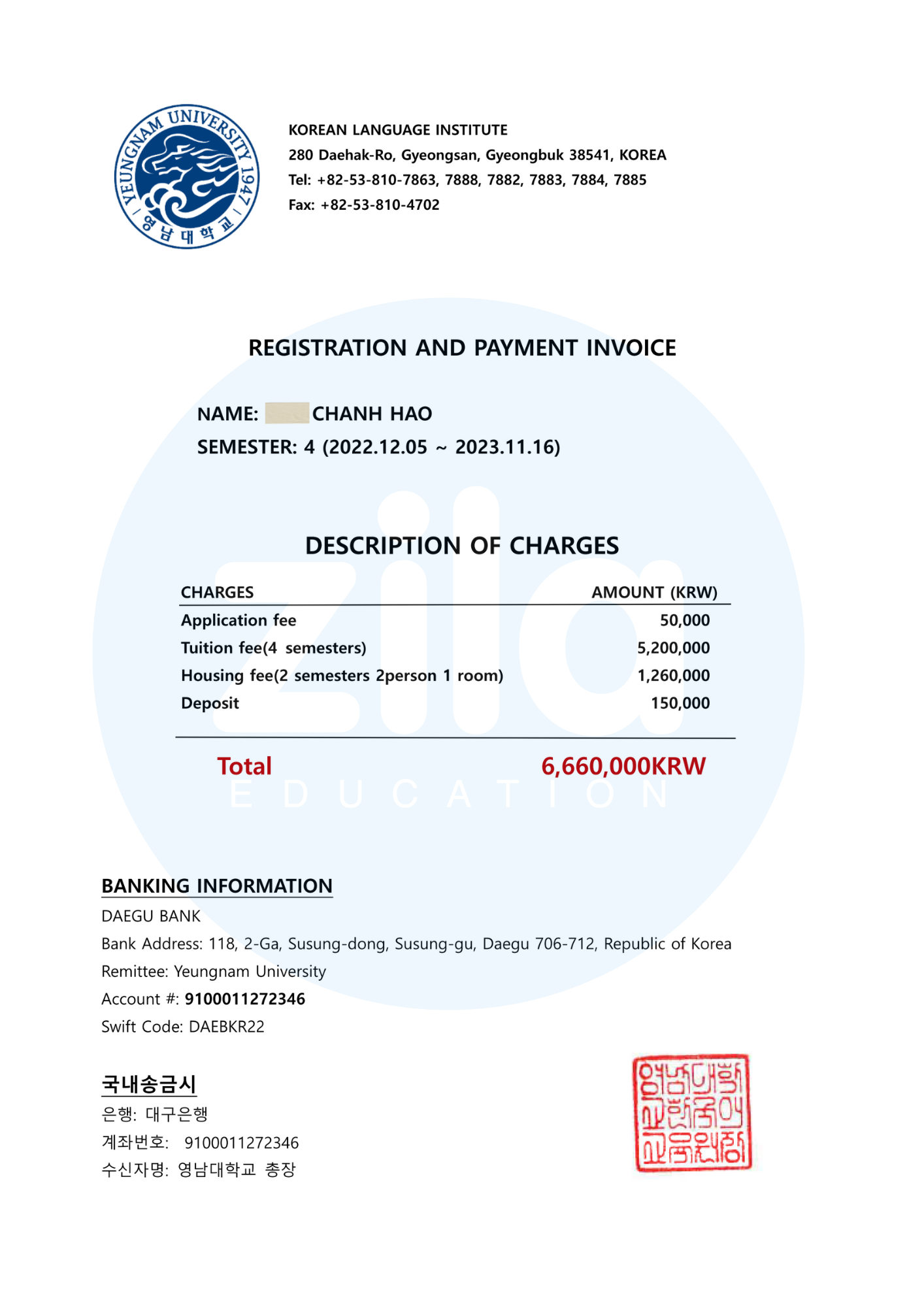 Invoice trường Đại học Yeungnam