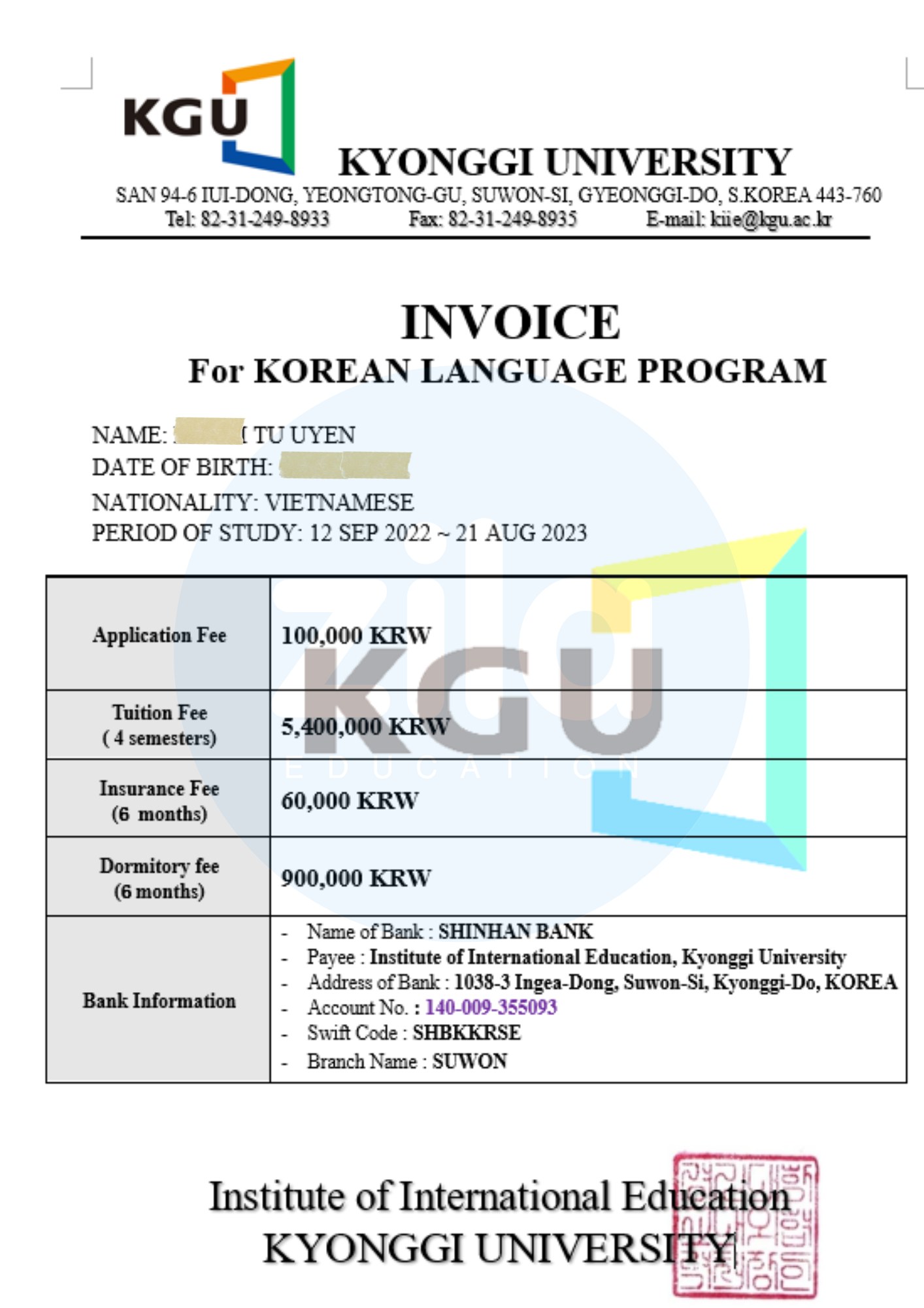 Invoice trường Đại học Kyonggi Hàn Quốc
