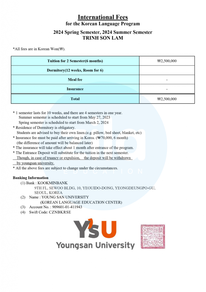 Invoice trường Đại học Youngsan 2023